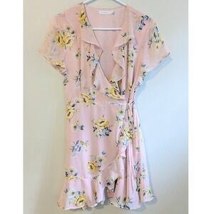 Lush Floral Print Wrap Dress Women's Ruffle Trim Pink Yellow Short Sleeve Size S